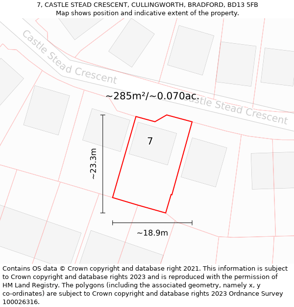 7, CASTLE STEAD CRESCENT, CULLINGWORTH, BRADFORD, BD13 5FB: Plot and title map