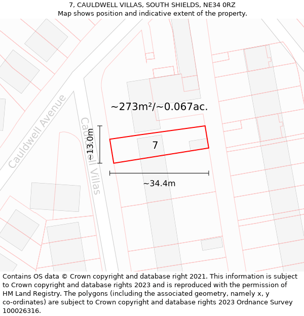 7, CAULDWELL VILLAS, SOUTH SHIELDS, NE34 0RZ: Plot and title map