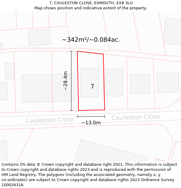 7, CAULESTON CLOSE, EXMOUTH, EX8 3LU: Plot and title map