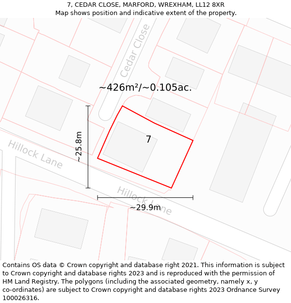 7, CEDAR CLOSE, MARFORD, WREXHAM, LL12 8XR: Plot and title map