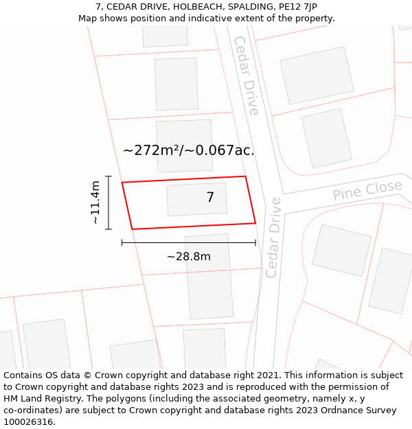 7, CEDAR DRIVE, HOLBEACH, SPALDING, PE12 7JP: Plot and title map