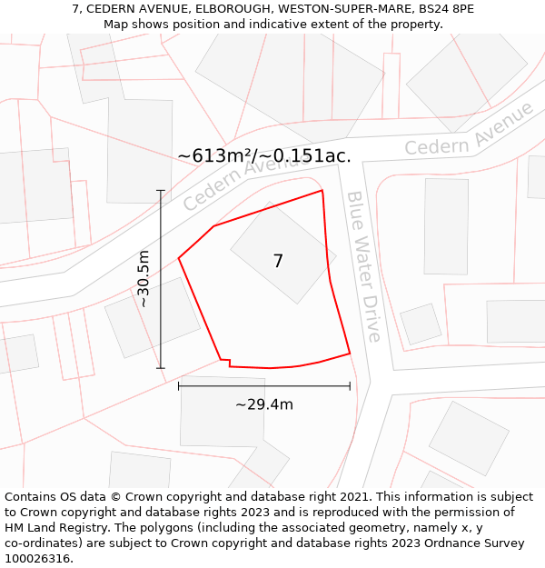 7, CEDERN AVENUE, ELBOROUGH, WESTON-SUPER-MARE, BS24 8PE: Plot and title map