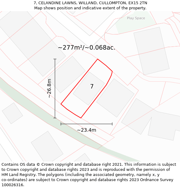 7, CELANDINE LAWNS, WILLAND, CULLOMPTON, EX15 2TN: Plot and title map