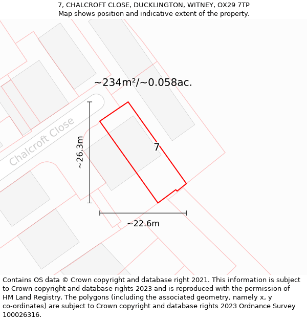 7, CHALCROFT CLOSE, DUCKLINGTON, WITNEY, OX29 7TP: Plot and title map