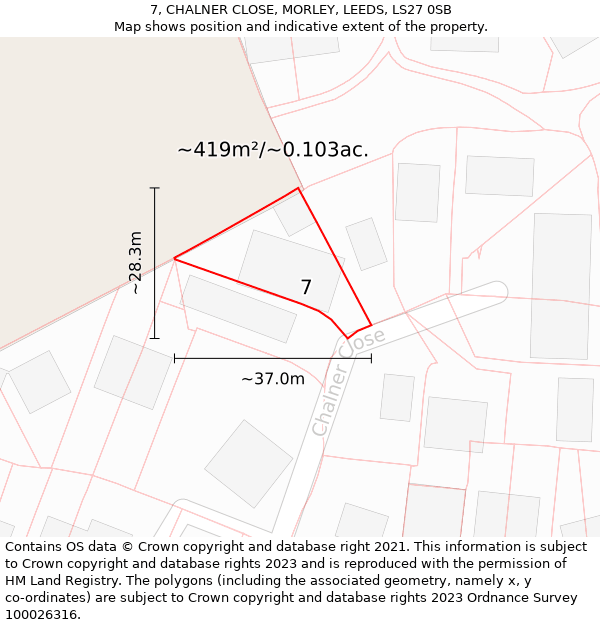 7, CHALNER CLOSE, MORLEY, LEEDS, LS27 0SB: Plot and title map