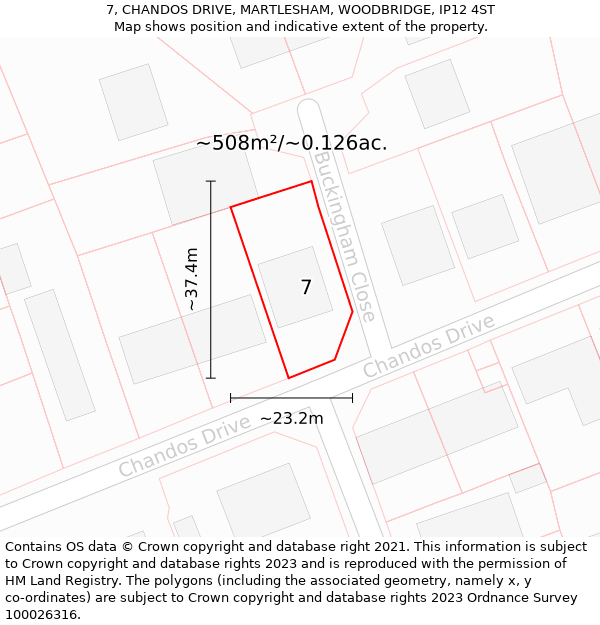 7, CHANDOS DRIVE, MARTLESHAM, WOODBRIDGE, IP12 4ST: Plot and title map