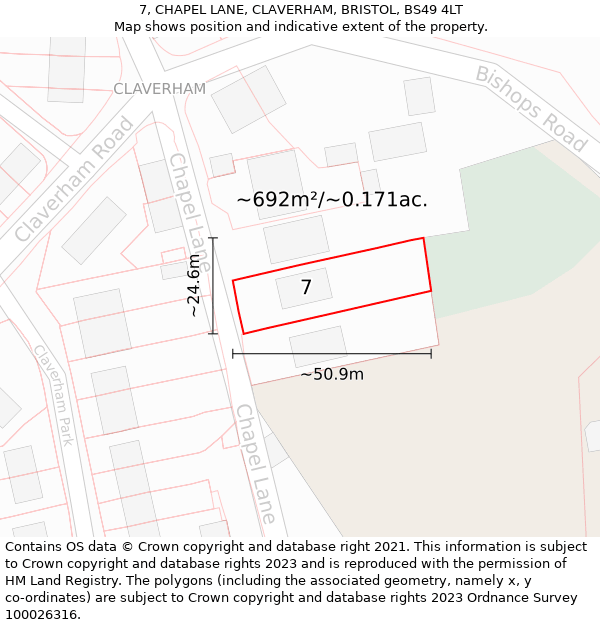 7, CHAPEL LANE, CLAVERHAM, BRISTOL, BS49 4LT: Plot and title map