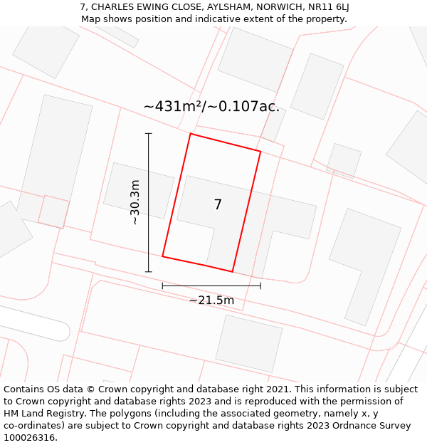 7, CHARLES EWING CLOSE, AYLSHAM, NORWICH, NR11 6LJ: Plot and title map