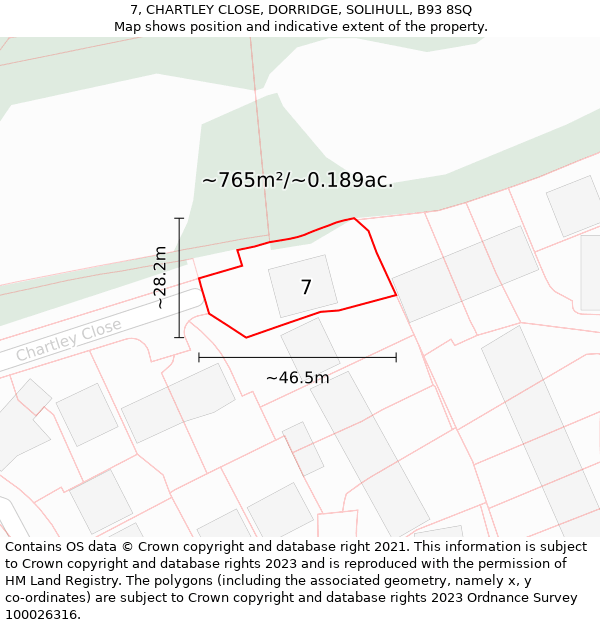 7, CHARTLEY CLOSE, DORRIDGE, SOLIHULL, B93 8SQ: Plot and title map