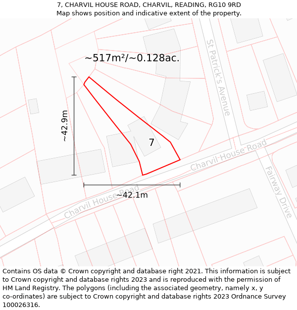 7, CHARVIL HOUSE ROAD, CHARVIL, READING, RG10 9RD: Plot and title map