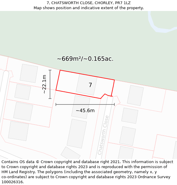 7, CHATSWORTH CLOSE, CHORLEY, PR7 1LZ: Plot and title map