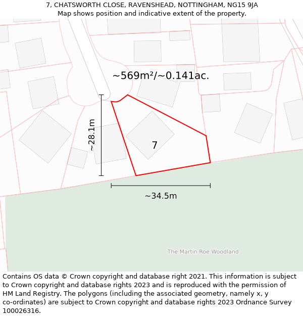 7, CHATSWORTH CLOSE, RAVENSHEAD, NOTTINGHAM, NG15 9JA: Plot and title map