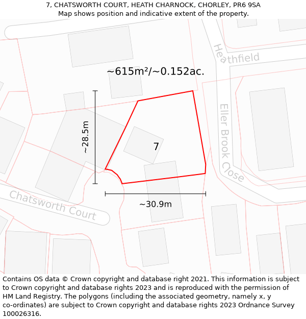 7, CHATSWORTH COURT, HEATH CHARNOCK, CHORLEY, PR6 9SA: Plot and title map