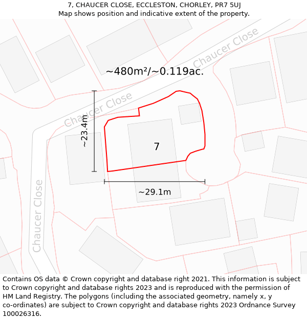 7, CHAUCER CLOSE, ECCLESTON, CHORLEY, PR7 5UJ: Plot and title map