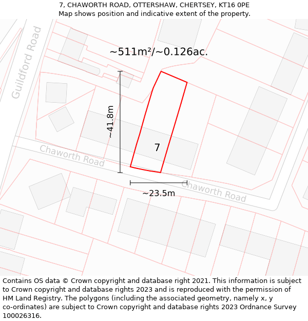 7, CHAWORTH ROAD, OTTERSHAW, CHERTSEY, KT16 0PE: Plot and title map