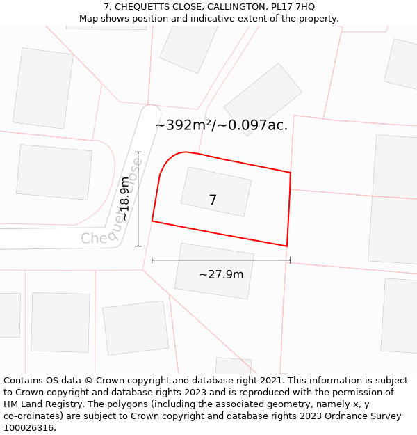 7, CHEQUETTS CLOSE, CALLINGTON, PL17 7HQ: Plot and title map