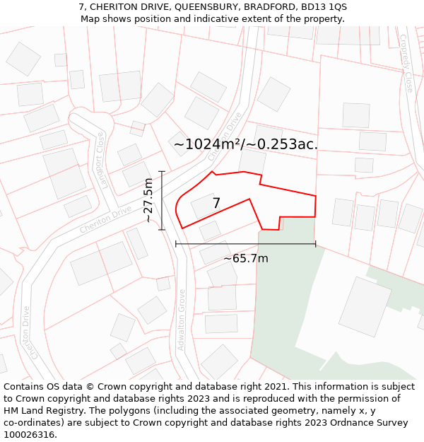 7, CHERITON DRIVE, QUEENSBURY, BRADFORD, BD13 1QS: Plot and title map