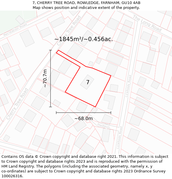 7, CHERRY TREE ROAD, ROWLEDGE, FARNHAM, GU10 4AB: Plot and title map