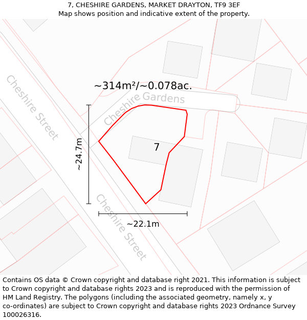 7, CHESHIRE GARDENS, MARKET DRAYTON, TF9 3EF: Plot and title map