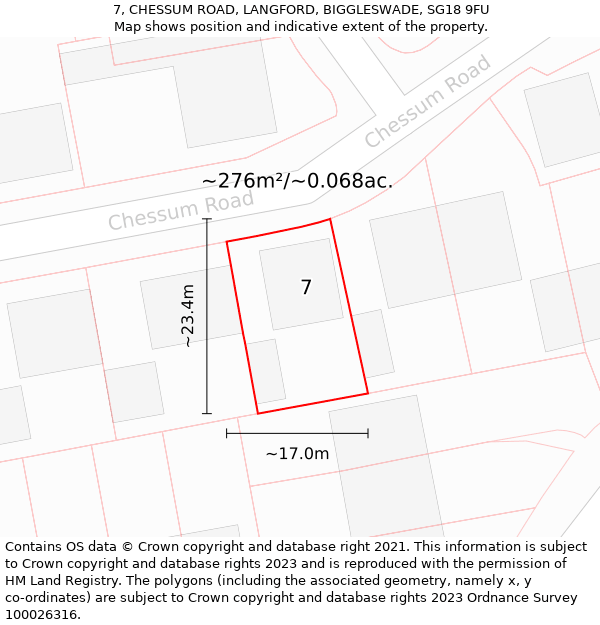 7, CHESSUM ROAD, LANGFORD, BIGGLESWADE, SG18 9FU: Plot and title map