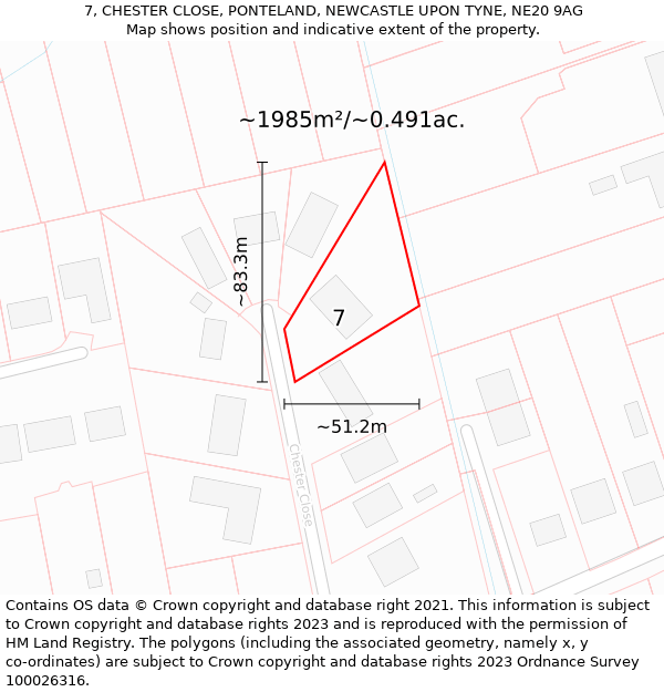 7, CHESTER CLOSE, PONTELAND, NEWCASTLE UPON TYNE, NE20 9AG: Plot and title map