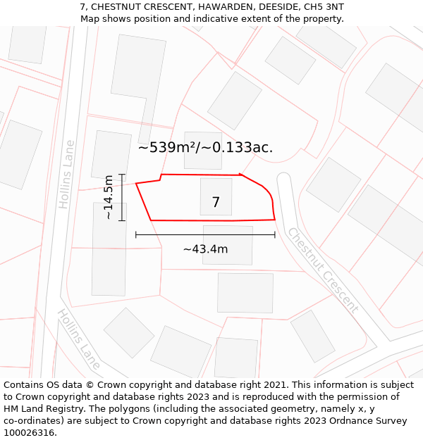 7, CHESTNUT CRESCENT, HAWARDEN, DEESIDE, CH5 3NT: Plot and title map