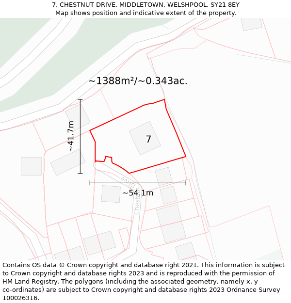 7, CHESTNUT DRIVE, MIDDLETOWN, WELSHPOOL, SY21 8EY: Plot and title map