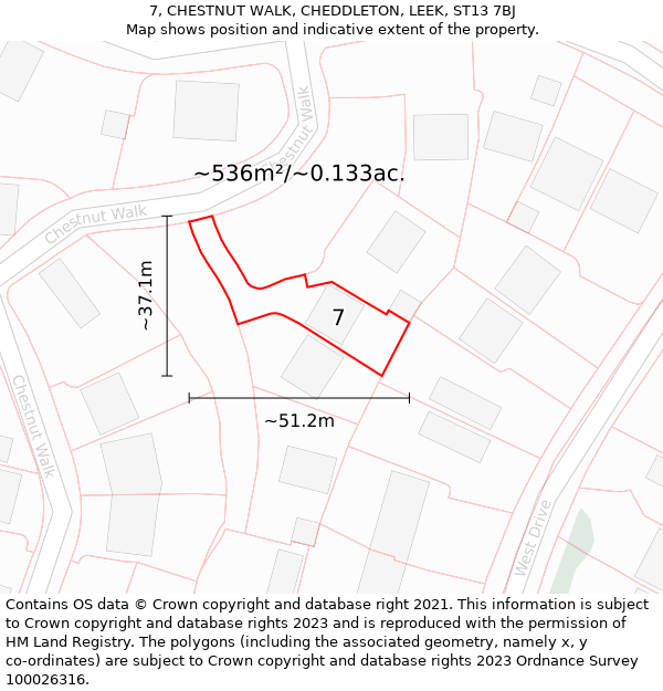 7, CHESTNUT WALK, CHEDDLETON, LEEK, ST13 7BJ: Plot and title map