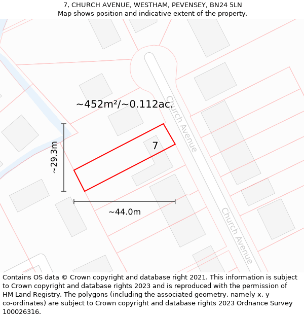 7, CHURCH AVENUE, WESTHAM, PEVENSEY, BN24 5LN: Plot and title map