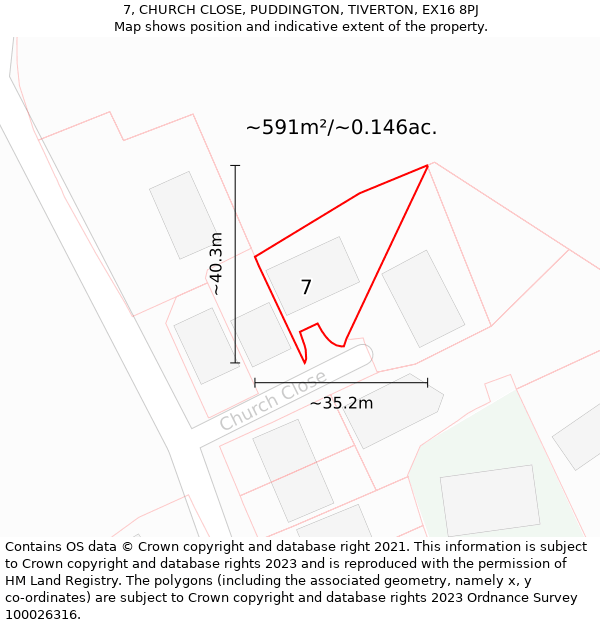 7, CHURCH CLOSE, PUDDINGTON, TIVERTON, EX16 8PJ: Plot and title map