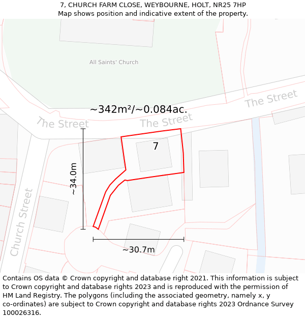 7, CHURCH FARM CLOSE, WEYBOURNE, HOLT, NR25 7HP: Plot and title map