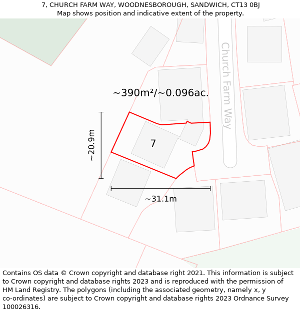 7, CHURCH FARM WAY, WOODNESBOROUGH, SANDWICH, CT13 0BJ: Plot and title map