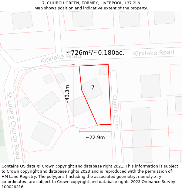 7, CHURCH GREEN, FORMBY, LIVERPOOL, L37 2LN: Plot and title map