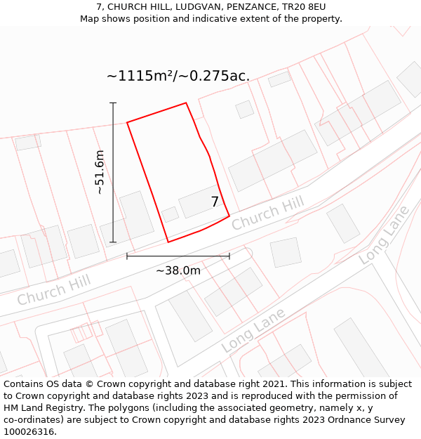 7, CHURCH HILL, LUDGVAN, PENZANCE, TR20 8EU: Plot and title map