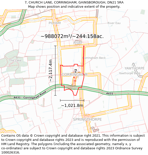 7, CHURCH LANE, CORRINGHAM, GAINSBOROUGH, DN21 5RA: Plot and title map