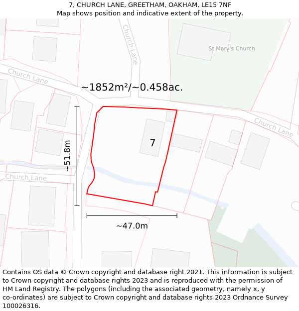 7, CHURCH LANE, GREETHAM, OAKHAM, LE15 7NF: Plot and title map