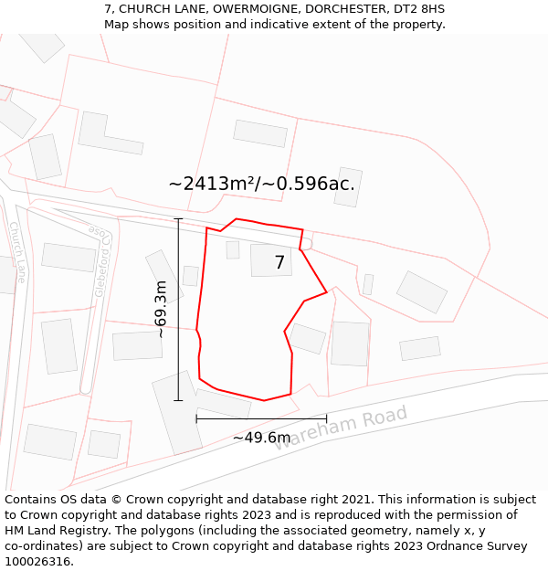 7, CHURCH LANE, OWERMOIGNE, DORCHESTER, DT2 8HS: Plot and title map