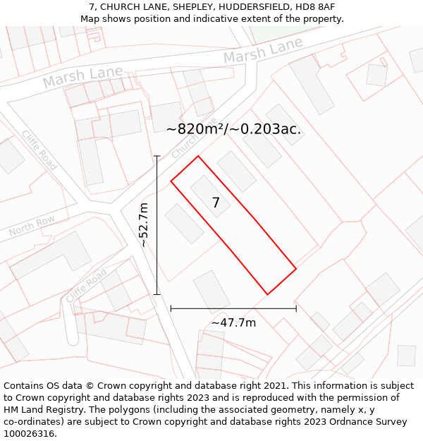 7, CHURCH LANE, SHEPLEY, HUDDERSFIELD, HD8 8AF: Plot and title map