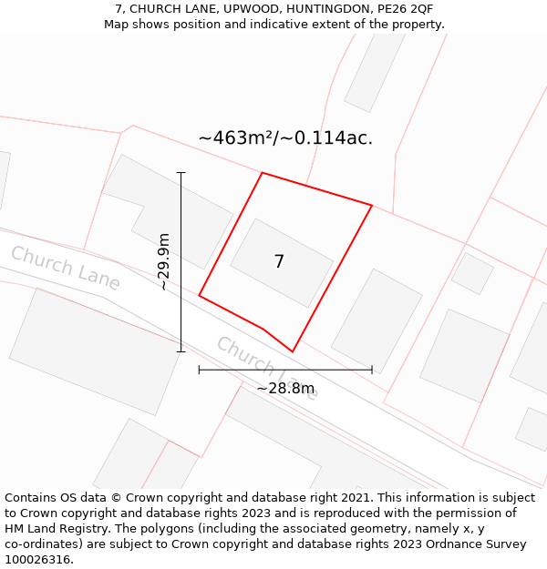 7, CHURCH LANE, UPWOOD, HUNTINGDON, PE26 2QF: Plot and title map