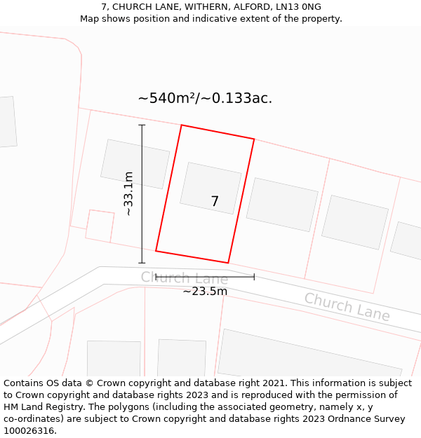 7, CHURCH LANE, WITHERN, ALFORD, LN13 0NG: Plot and title map