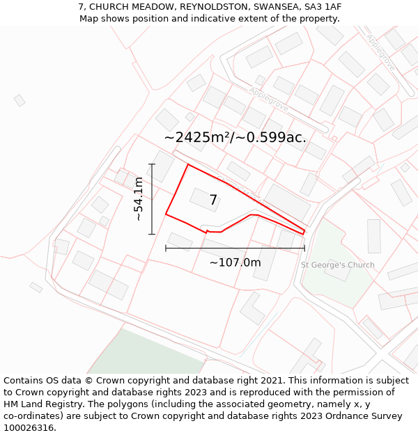 7, CHURCH MEADOW, REYNOLDSTON, SWANSEA, SA3 1AF: Plot and title map