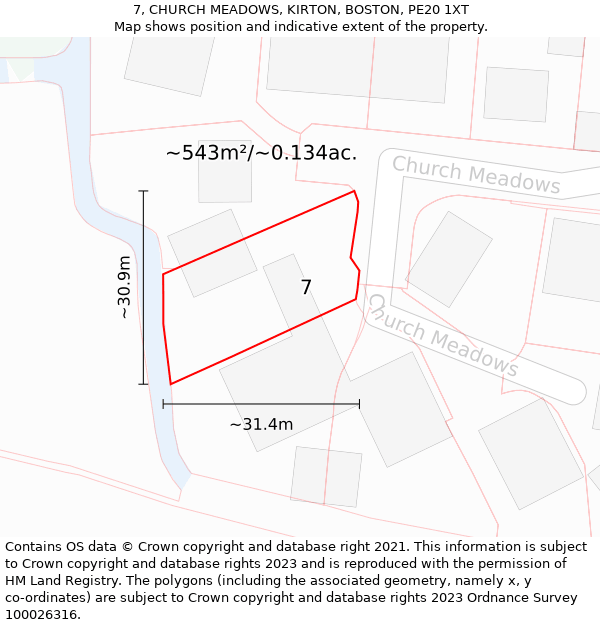 7, CHURCH MEADOWS, KIRTON, BOSTON, PE20 1XT: Plot and title map