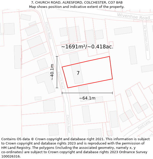 7, CHURCH ROAD, ALRESFORD, COLCHESTER, CO7 8AB: Plot and title map