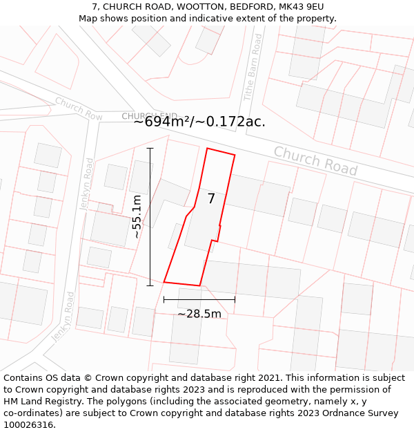 7, CHURCH ROAD, WOOTTON, BEDFORD, MK43 9EU: Plot and title map