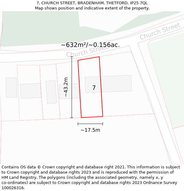 7, CHURCH STREET, BRADENHAM, THETFORD, IP25 7QL: Plot and title map