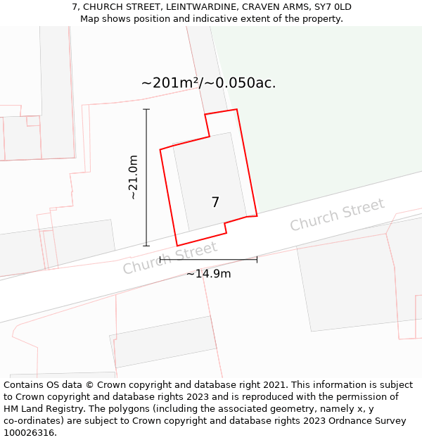 7, CHURCH STREET, LEINTWARDINE, CRAVEN ARMS, SY7 0LD: Plot and title map