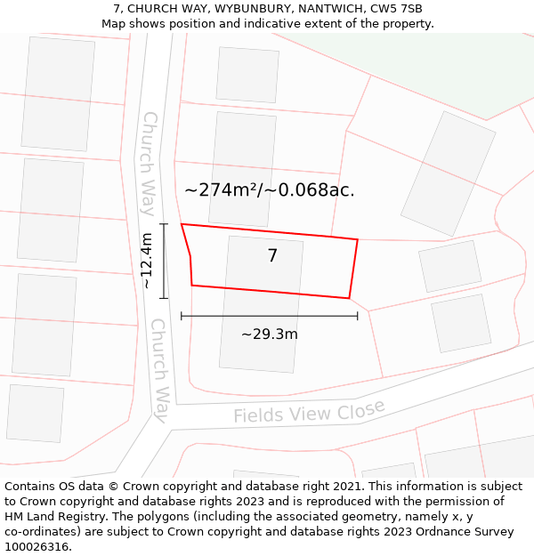 7, CHURCH WAY, WYBUNBURY, NANTWICH, CW5 7SB: Plot and title map