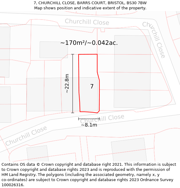 7, CHURCHILL CLOSE, BARRS COURT, BRISTOL, BS30 7BW: Plot and title map