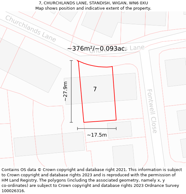 7, CHURCHLANDS LANE, STANDISH, WIGAN, WN6 0XU: Plot and title map