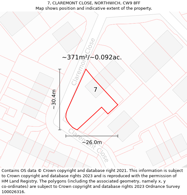 7, CLAREMONT CLOSE, NORTHWICH, CW9 8FF: Plot and title map